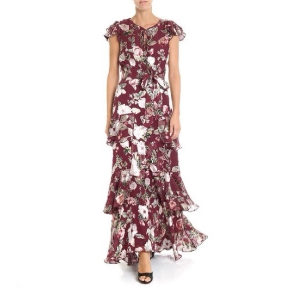 Alice + Olivia Jenny Flutter Sleeve Ruffle Dress Hazy Floral Wine Burgundy Red